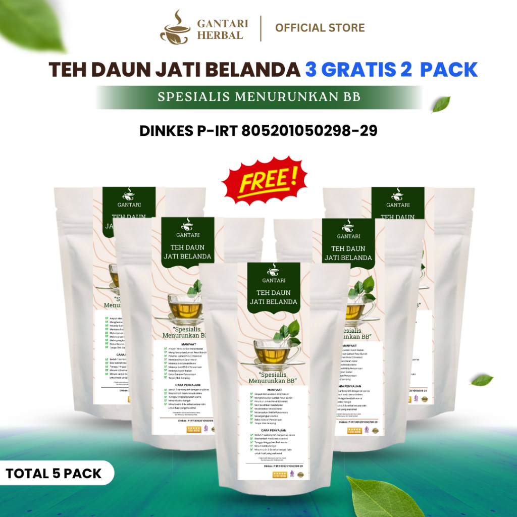 

Gantari Teh Jati Belanda / Menurunkan Berat Badan Pelangsing Alami 20 Kantong Teh / Paket 5 Pack