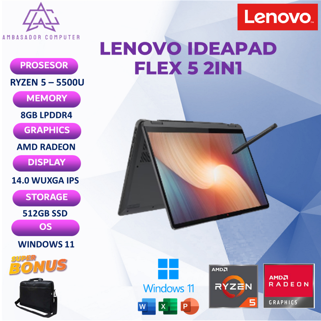 Lenovo Ideapad Flex 5 2in1 Touch Ryzen 5 5500U 8GB 512GB Windows 11 OHS 14.0WUXGA