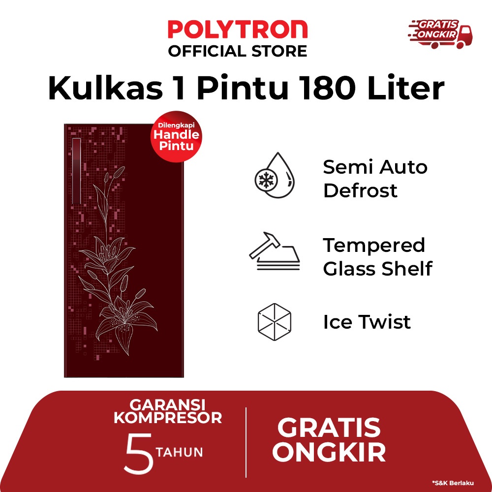 POLYTRON Kulkas 1 Pintu Belleza 180 Liter - PRA 18DMR