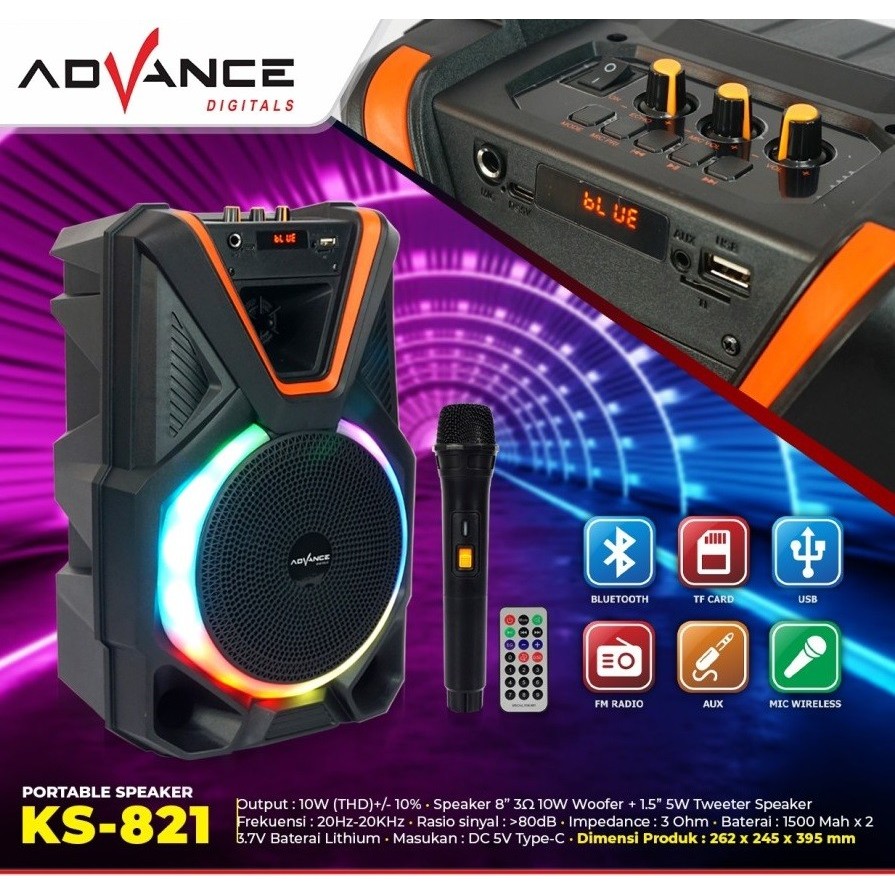 Advance KS-821 Speaker Portable 8 Inchi Bluetooth free Mic Wireless