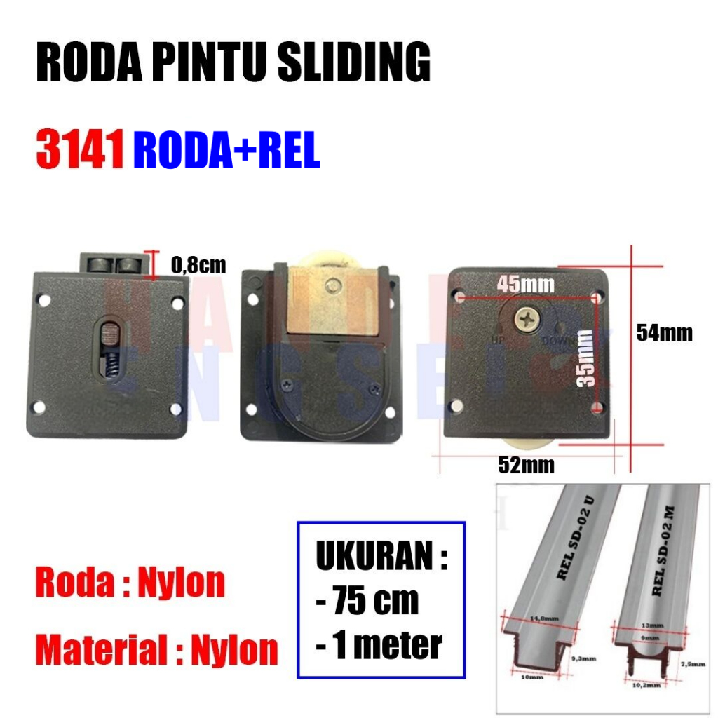 (Roda + Rel) Roda Lemari Sliding SD 3141 + Rel Tanam Pintu Lemari Sliding SD 02 U & M (Isi 2 Set Rod