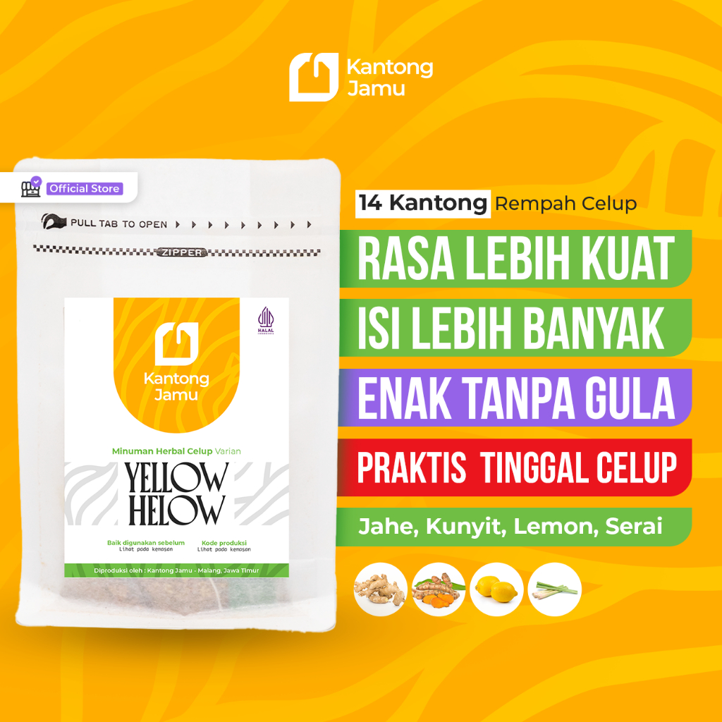 

Kantong Jamu Yellow Helow 14 Kantong - Teh Herbal Kering Jamu Celup Instant Mix Jahe Kering Kunyit Kering Serai Lemon Kering Nanas Ramuan Sehat Diet JSR Tanpa Gula