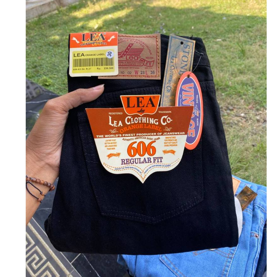 Celana jeans LEA 606 Original Denim Pria standart Reguler Hitam Biru Garmen Long Pants
