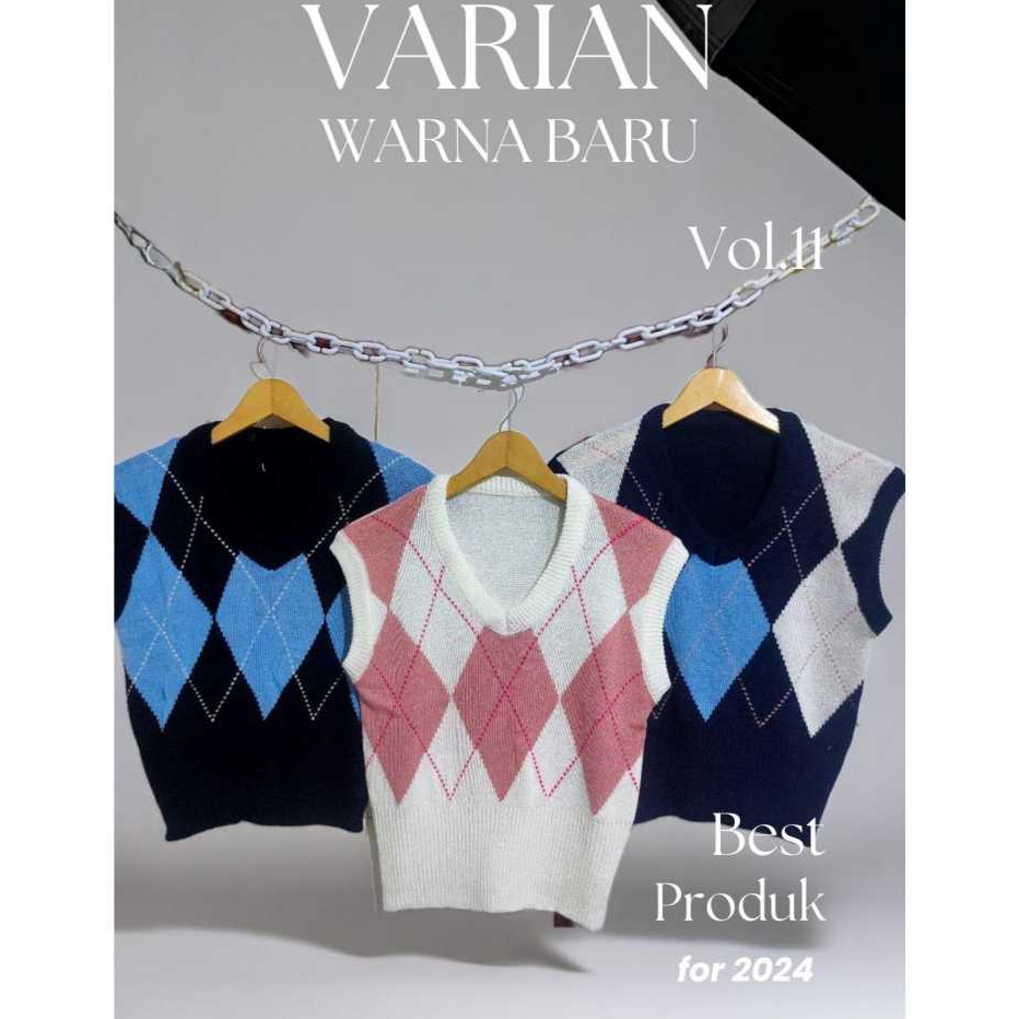 Korean Diamond Plaid Knit Vest Crop Top Rompi Rajut Korea