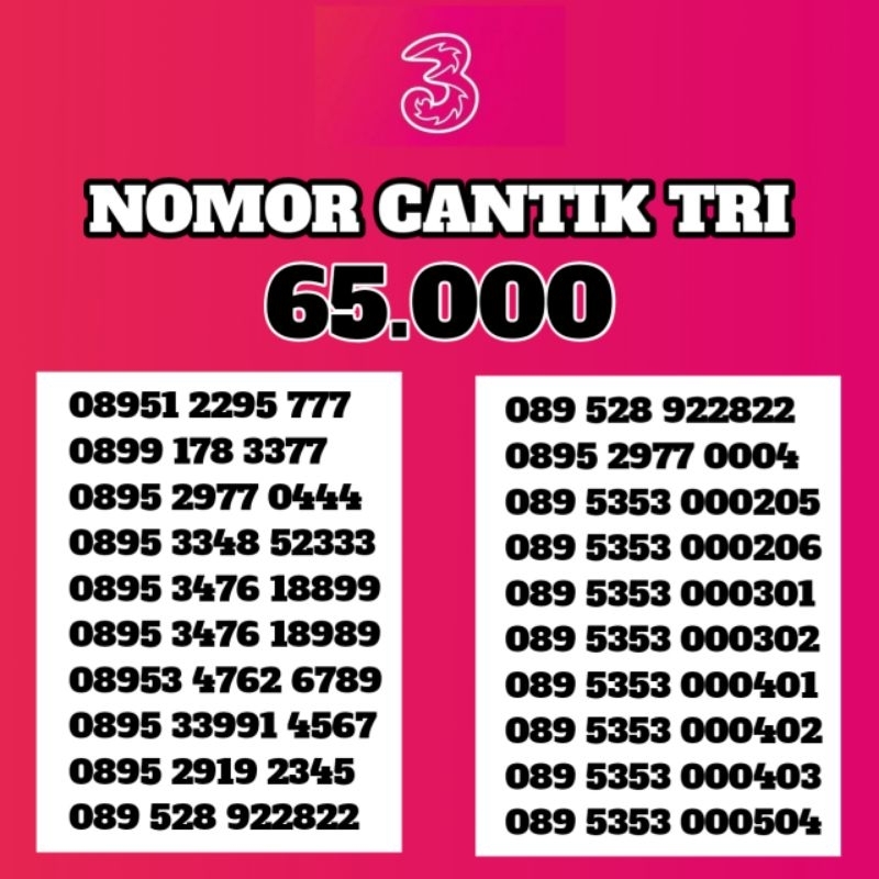 65 Nomor Nomer No Nocan Cantik Antik Hoki Kartu Perdana Tri 3