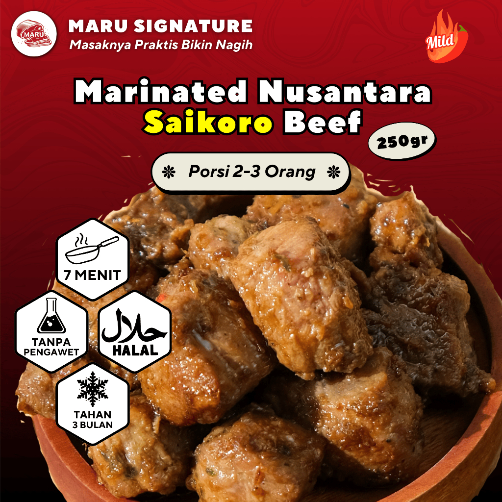 

MARU SIGNATURE Daging Sapi Saikoro Meltique Marinasi Bumbu Nusantara 250gr Halal