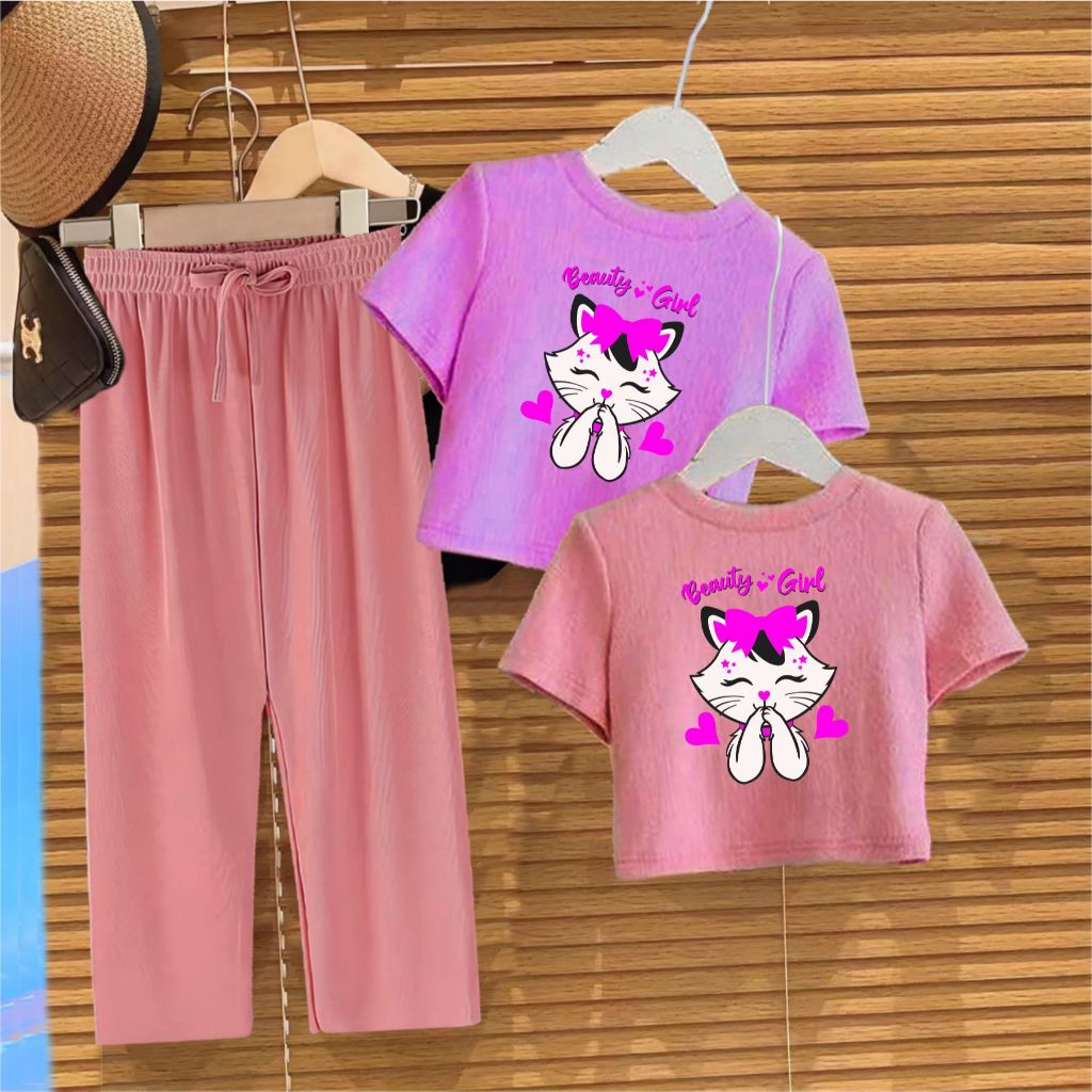 Setelan Baju Anak Kaos Crop Kulot Panjang Anak Perempuan Usia 1 Sampai 12 Tahun
