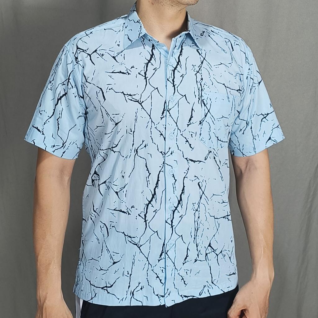 Salice Paolo Kemeja Pria Tangan Pendek Casual Modern Fit Full Katun Motif Shaley Biru Putih