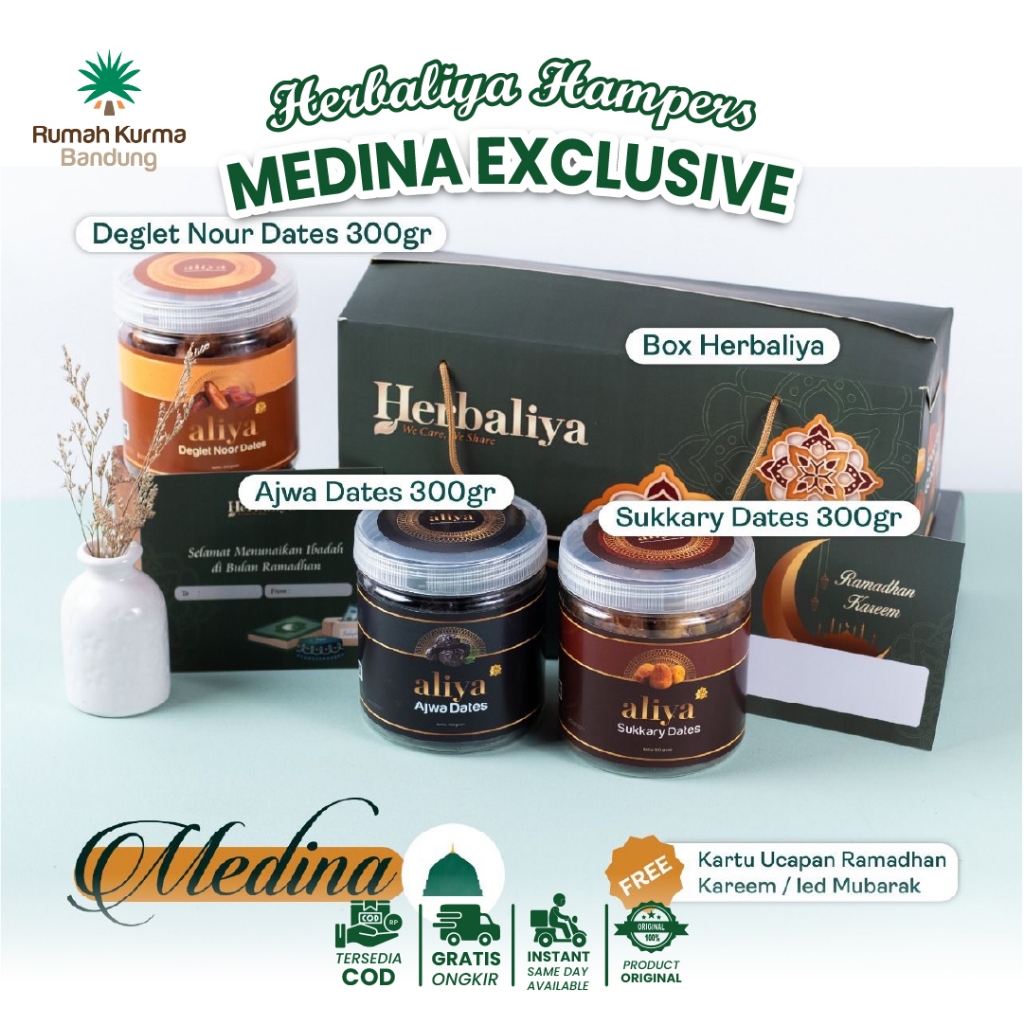 

Hampers Box Exclusive Herbaliya Kurma Premium Mix (Ajwa, Sukari, Tunisia) Kurma Package 1 Kg