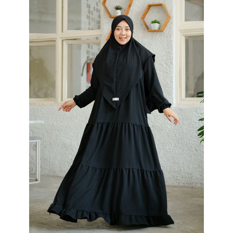 Baju Dress Gamis Abaya Remaja Wanita Perempuan Dewasa Muslim Warna Hitam Polos Crinkle Adem Lebaran