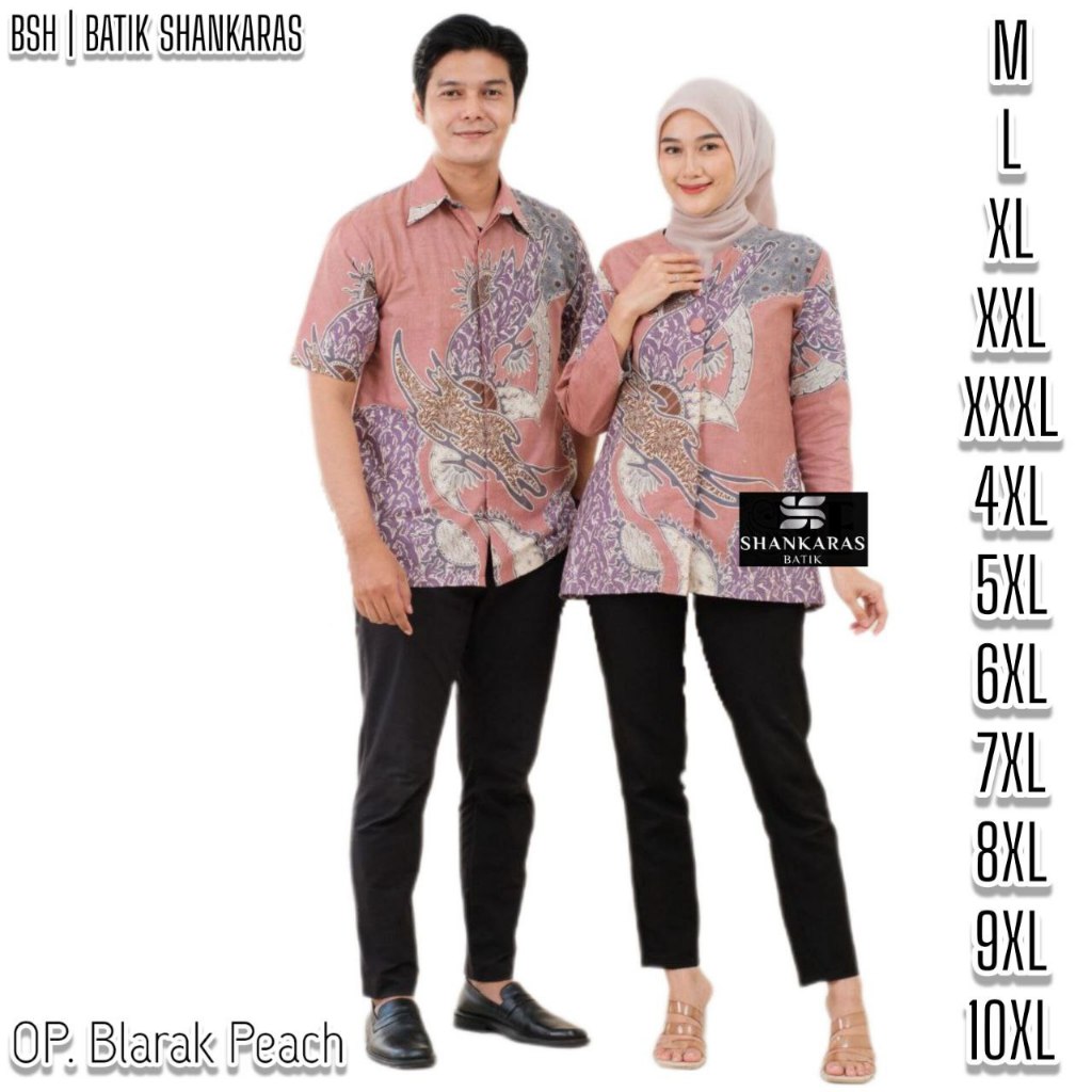 BATIK SHANKARAS Motif OP. Blarak Peach  Atasan Batik Wanita & Pria Couple Jumbo Size M L XL XXL 3XL 