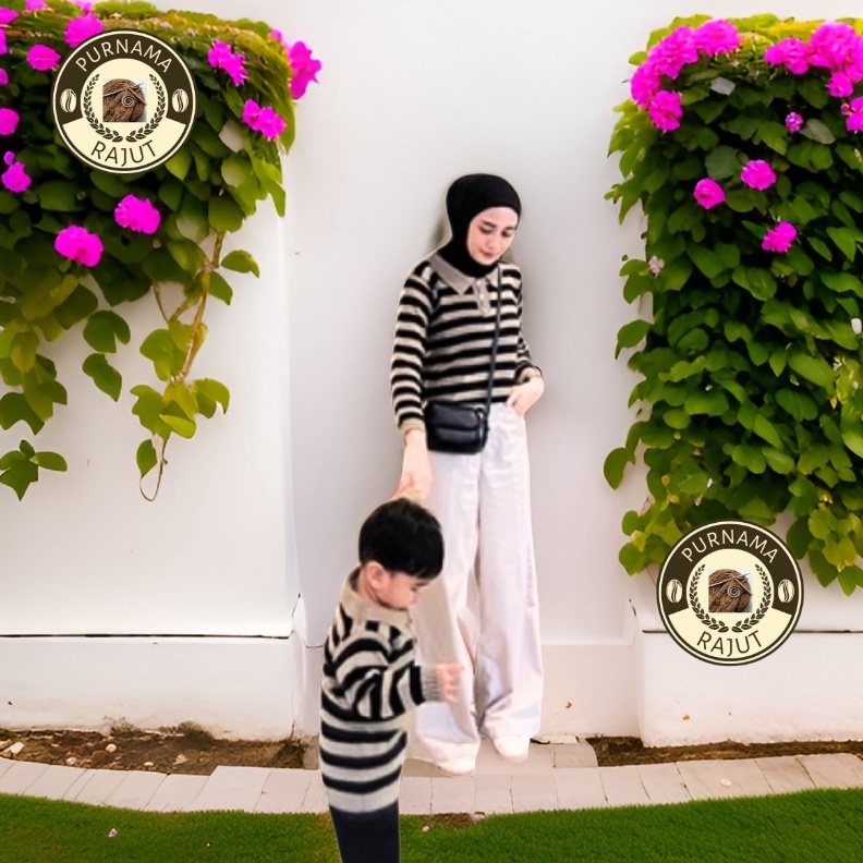 KODE H69R Baju Rajut Couple Ibu Anak Perempuan Laki laki Sweater Couple keluarga Knit Stripe Polet g