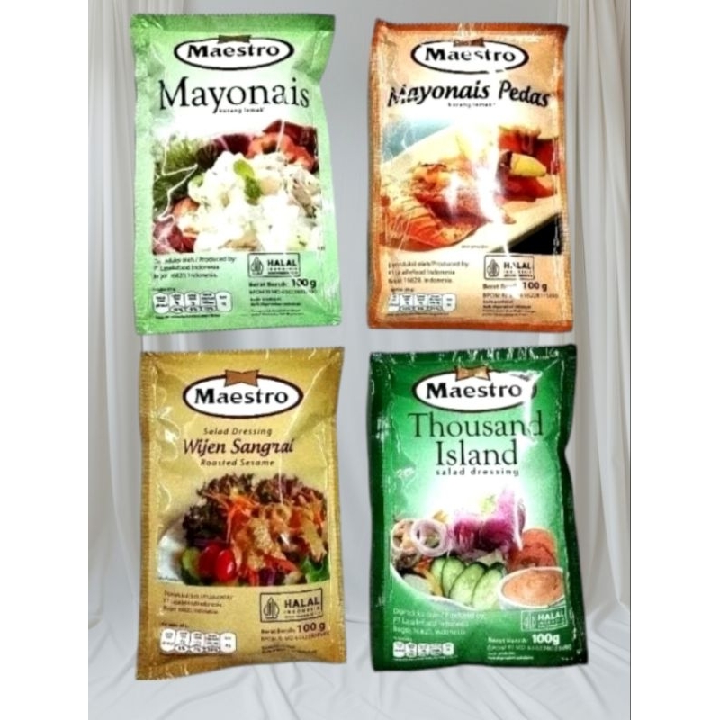 

Maestro Mayonais Pedas 100gr - Maestro Mayonais All Varian 100gr - Maestro Wijen Sangrai - Maestro Thoussand Island