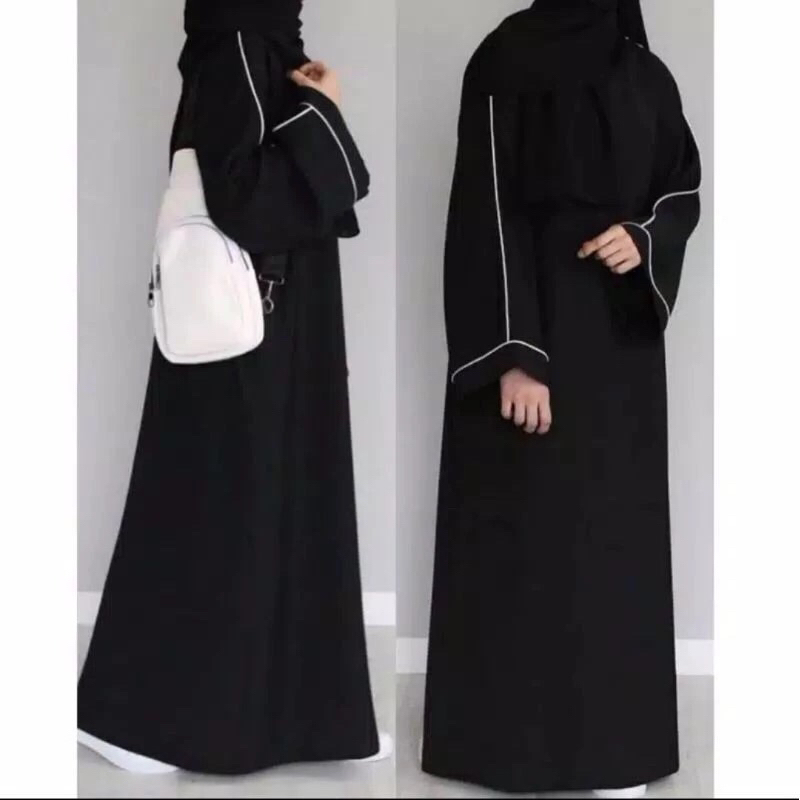 Baju muslim wanita abaya arab gamis hitam list putih dress lisbal
