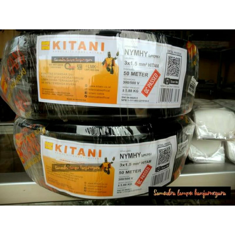 kabel kitani 3x1,5 mm serabut NYMHY warna hitam 50 meter