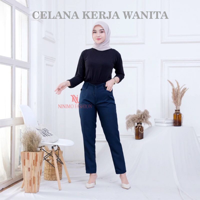 Celana Kerja Wanita Kantor Bahan Kain Grasela Formal model Ban Karet Resleting Jumbo Melar