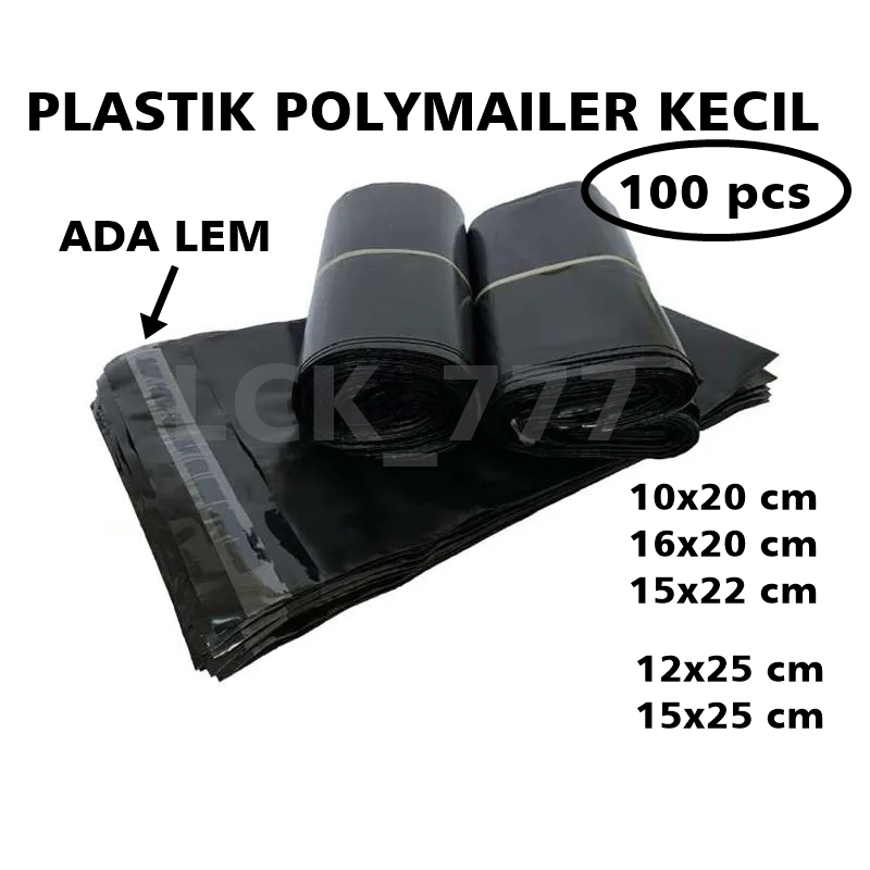100 pcs Plastik Packing Lem 15x22 12x25 15x25 16x20 10x20 Polymailer packaging Hitam Kecil