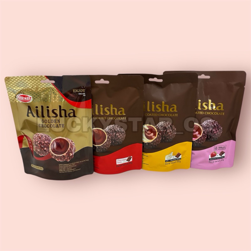 

MR SIF AILISHA COOKIE COATED CHOCOLATE / MILK CHOCOLATE / STRAWBERRY CHOCOLATE 80GR / GOLDEN CHOCOLATE 66GR