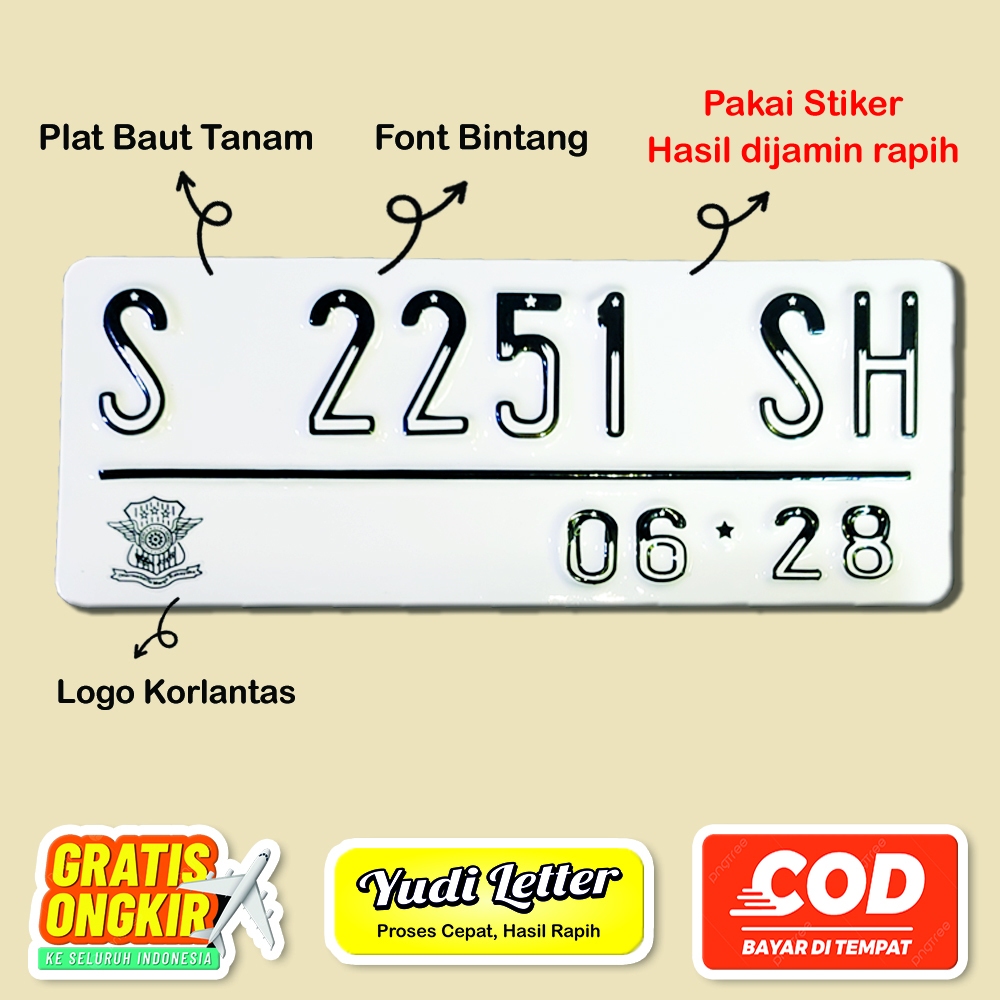 Plat Nomor Motor Variasi Baut Tanam Warna Putih Model Bintang Ada Logo Korlantas , Plat Nomor Motor 