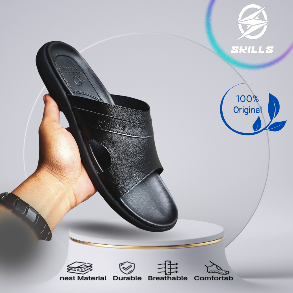 Skills Barqun - Sandal Ori Pria Slop Rigel Kulit premium Casual Original