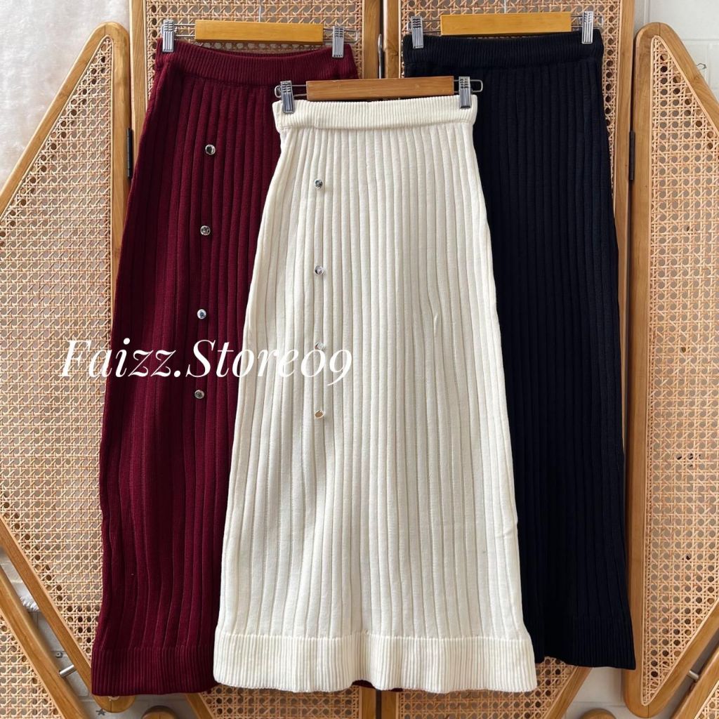 Alexa Rok Span Knit Rajut Panjang Premium Wanita Motif Kancing Jalur Kekinian