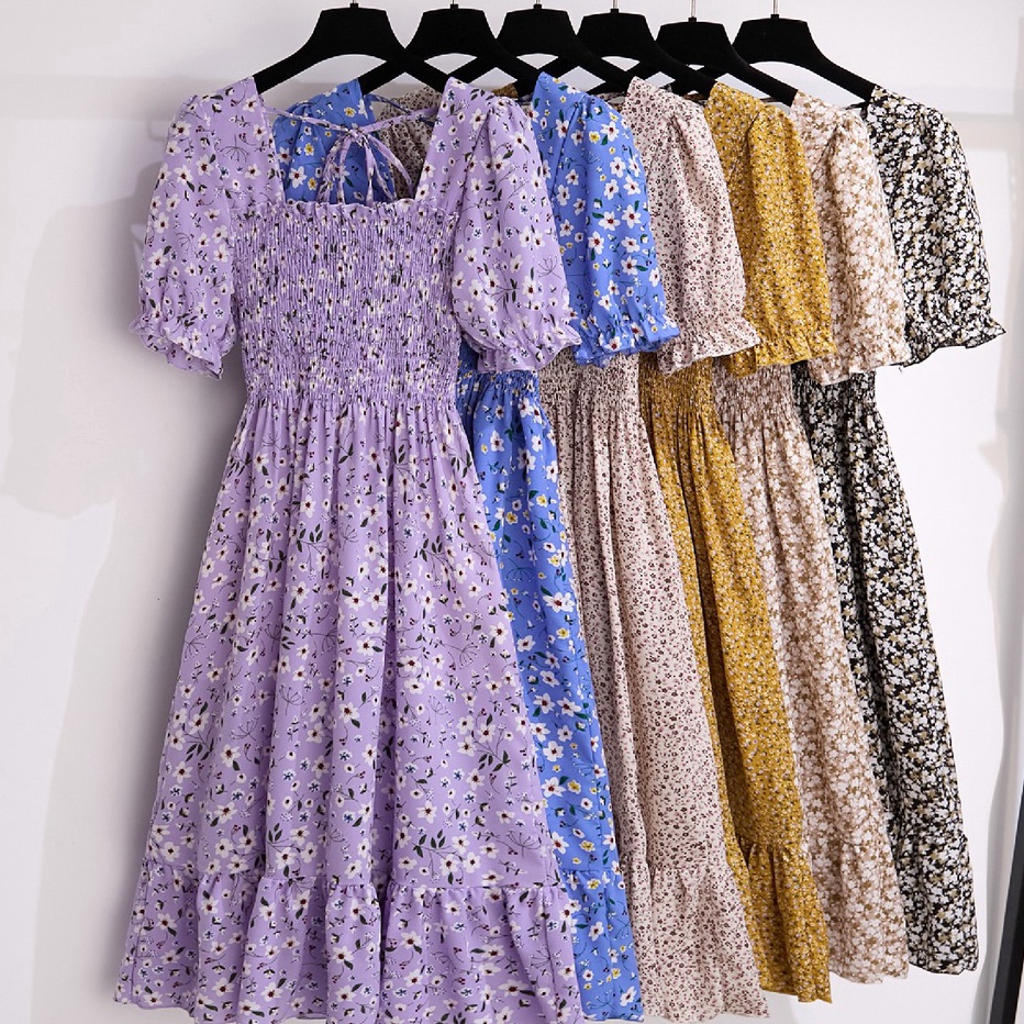 Kualitas Tinggi New 222 Hitam Kuning Merah Muda Hijau Merah Biru Ungu Floral Midi Dress Korea Style 