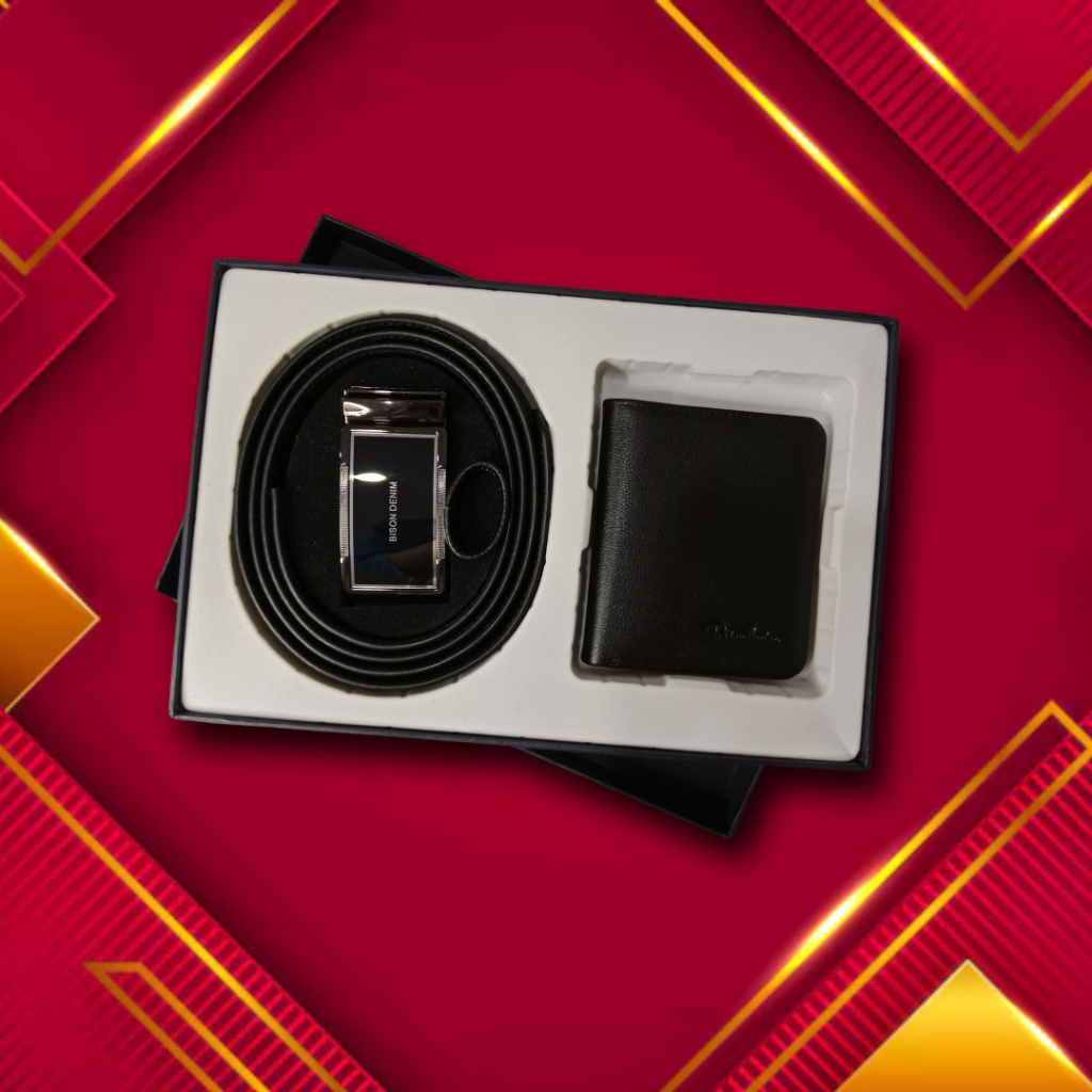 Ikat Pinggang Dompet Pria Set Kulit Asli Bison Denim Original