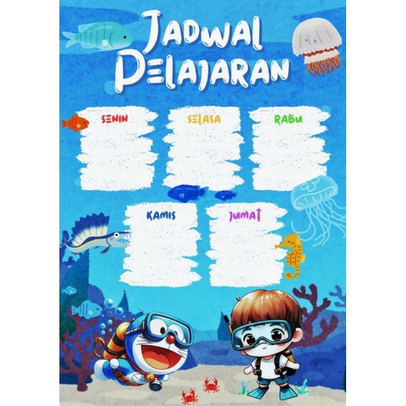 

Lembar Jadwal Pelajaran Anak A3, A4, A5 kertas Artpaper, HVS, Doraemon menyelam bawah laut