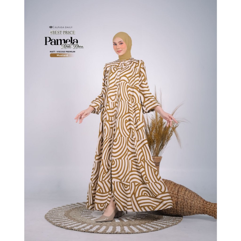 GAMIS PAMELA MIDI DRESS DRES MOTIF DOODLE Viscose Premium BUSUI Wudhu Friendly - Alfasa Daily