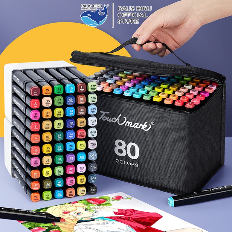 

KODE K75Q Paus Biru Spidol Warna Warni 1 Set Sketch Marker 2 Tip Touch Marker 4868 Warna