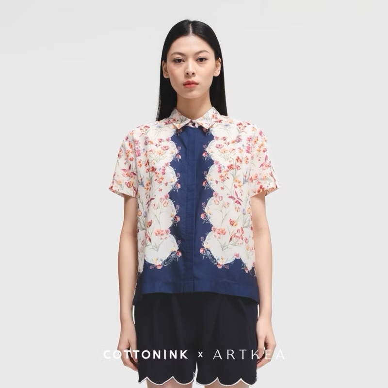 COTTONINK x Artkea - Atasan Kemeja Wanita Navy Samarra