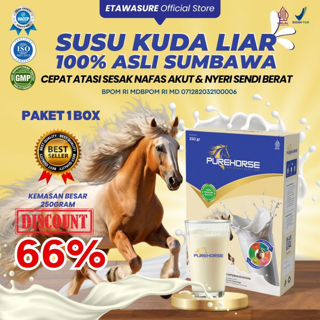 

Susu Kuda Pure Horse 100% Original dari Sumbawa Untuk Keluhan Sesak Nafas Akut dan Nyeri Sendi Berat Kemasan 250gram Paket 1 box