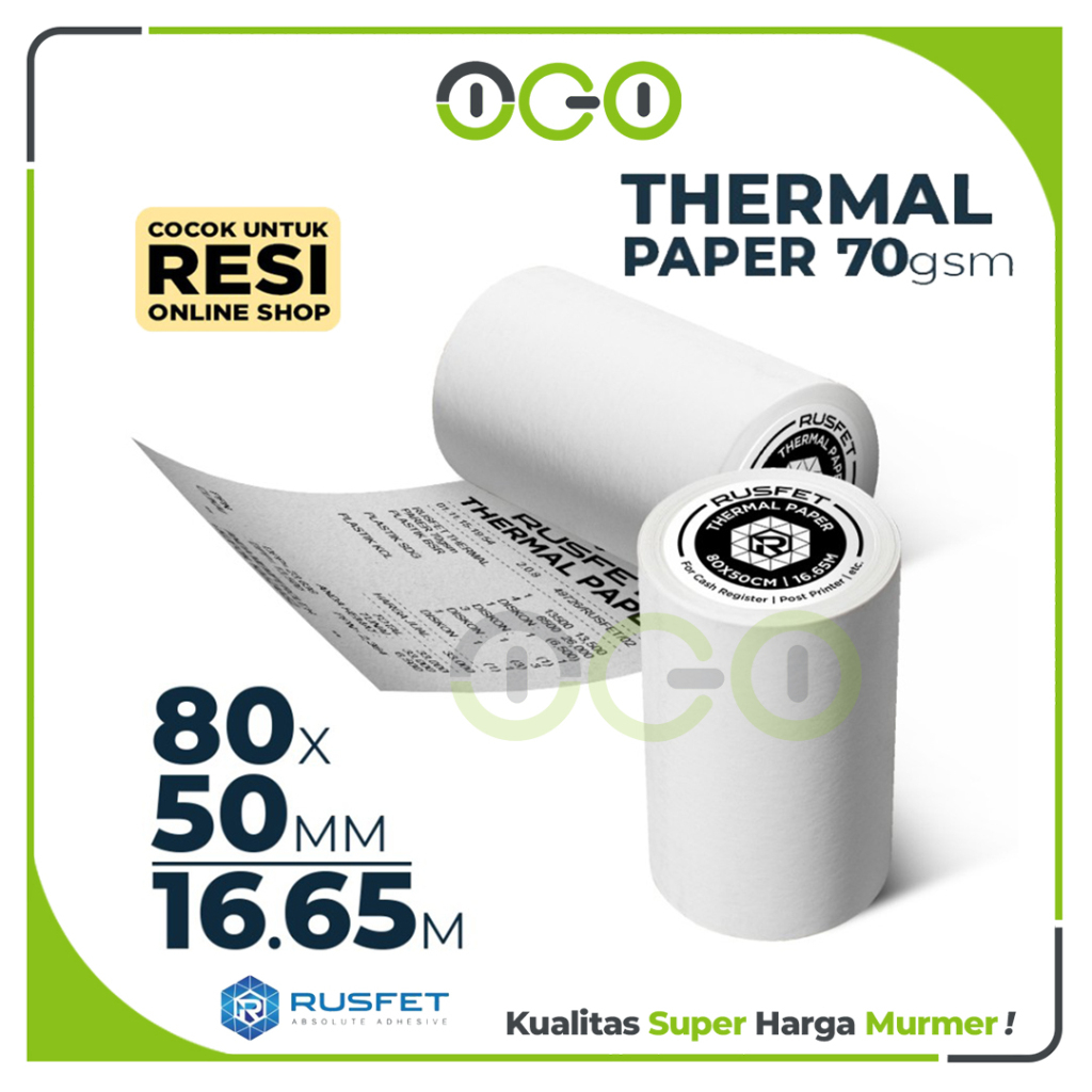 

Kertas Thermal 80mm x 50mm - 16,6 meter Core termal Paper Sticker Label Printer Resi Per Roll RUSFET