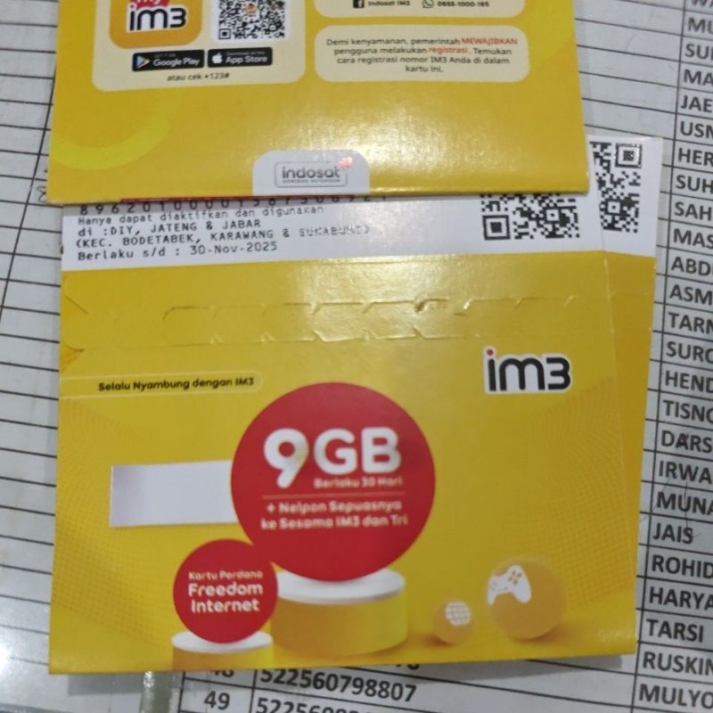 DIY/JATENG/JABAR KARTU PERDANA IM3 PAKET 3GB/6gb/9gb