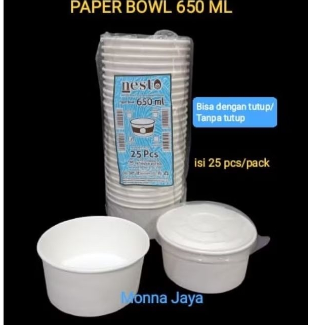 Paper Bowl 650ML/ Mangkok Kertas Putih/ Rice Bowl Paper 650ml / Mangkok  Kertas Tebal + Tutup Isi 25
