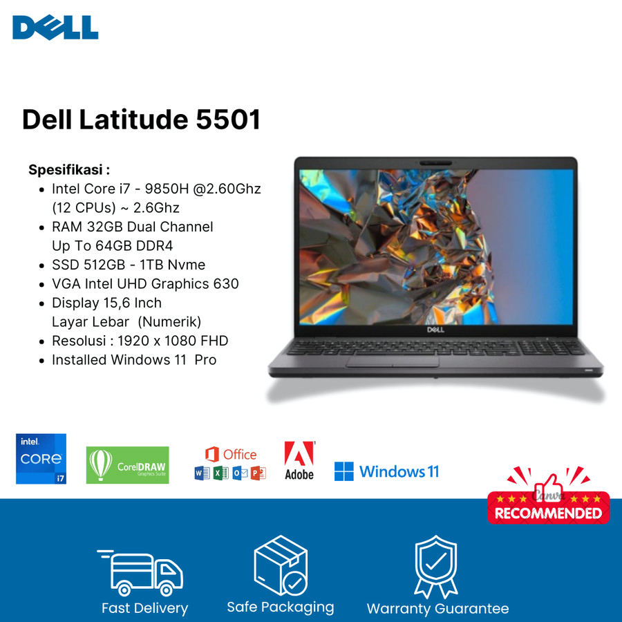 Laptop Dell 5501 Core i7 RAM 32GB Windows 11 Pro Actived Layar 15 Inch