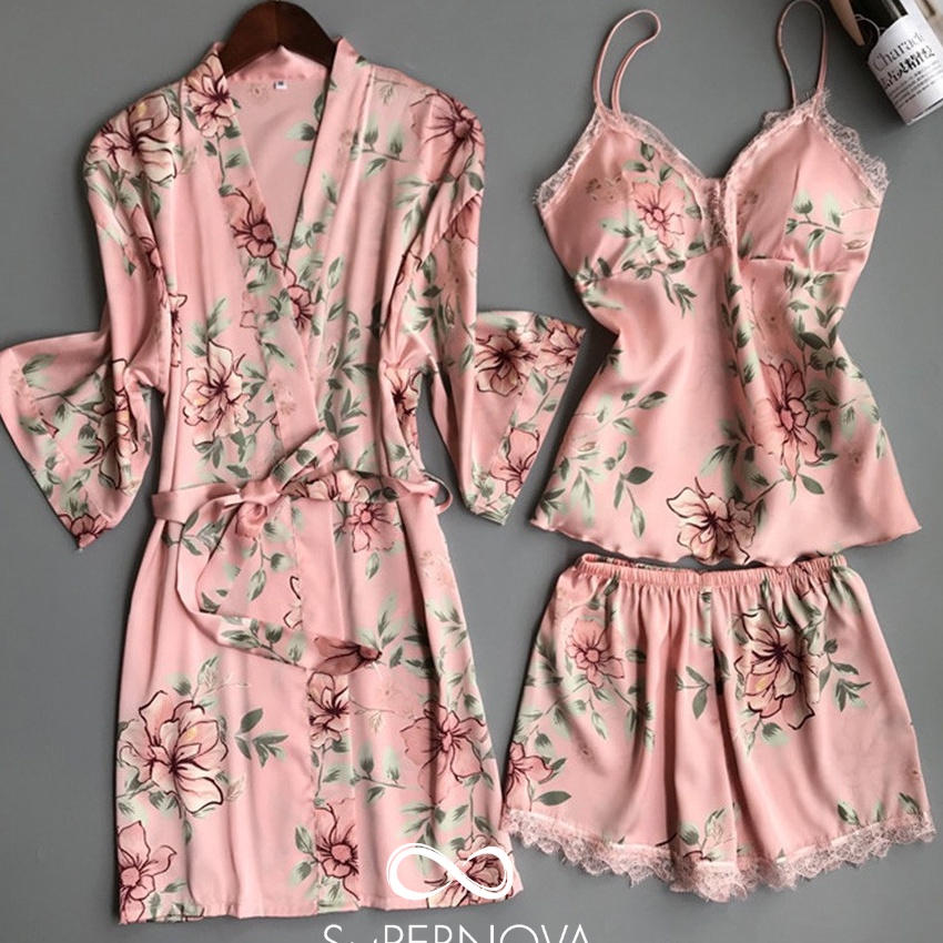Spesial NOVA HANNI SET 3 BAJU CELANA  KIMONO ROBE Satin Korea Elegan Piyama Baju Tidur Bunga Sexy Se