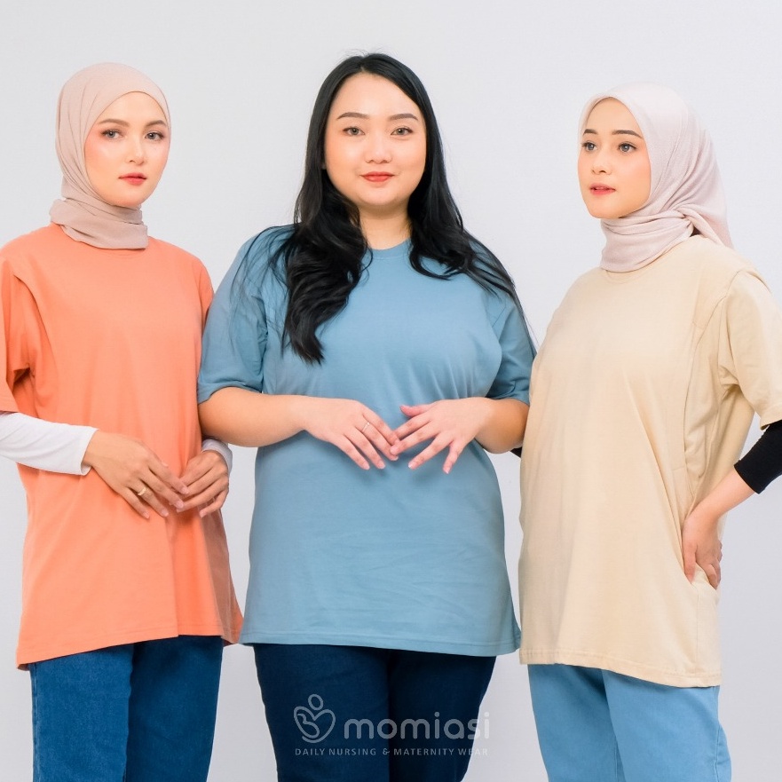 Diskon Momiasi  Baju Kaos Ibu Menyusui Wanita Busui Nursing Wear Lengan Pendek Jumbo Bukaan Belahan 