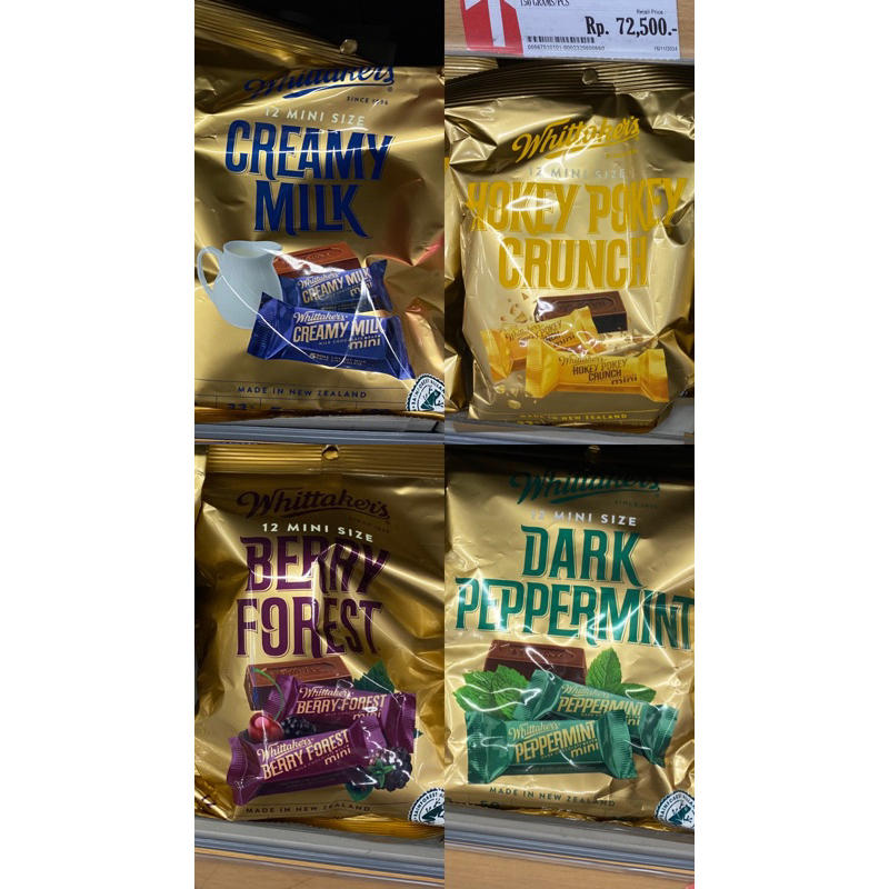

Whittakers Mini Size Slab Almond Gold/Berry Forest/Creamy Milk/Dark Peppermint/Honey Pokey Crunch isi 12pc 180gr