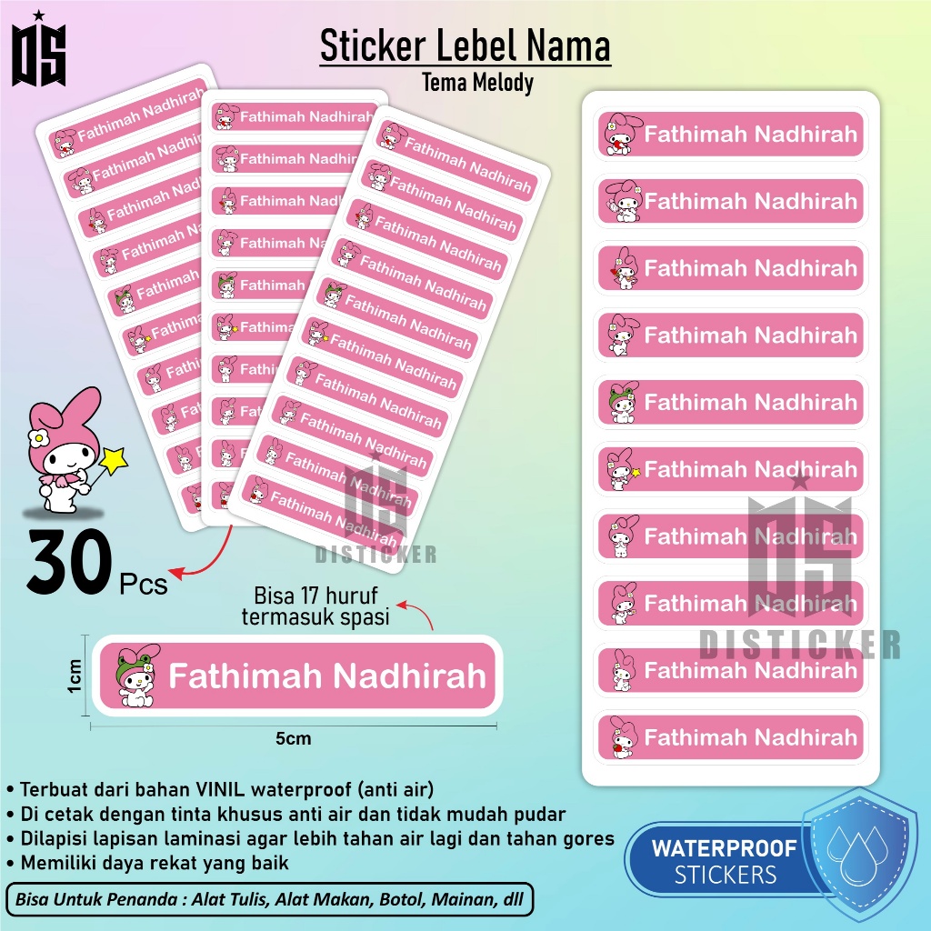 

DISTICKER Sticker Nama Anak 30 pcs Stiker Name Tag MELODY Vinyl Waterproof Stiker Label Lebel 30pcs Anti Air