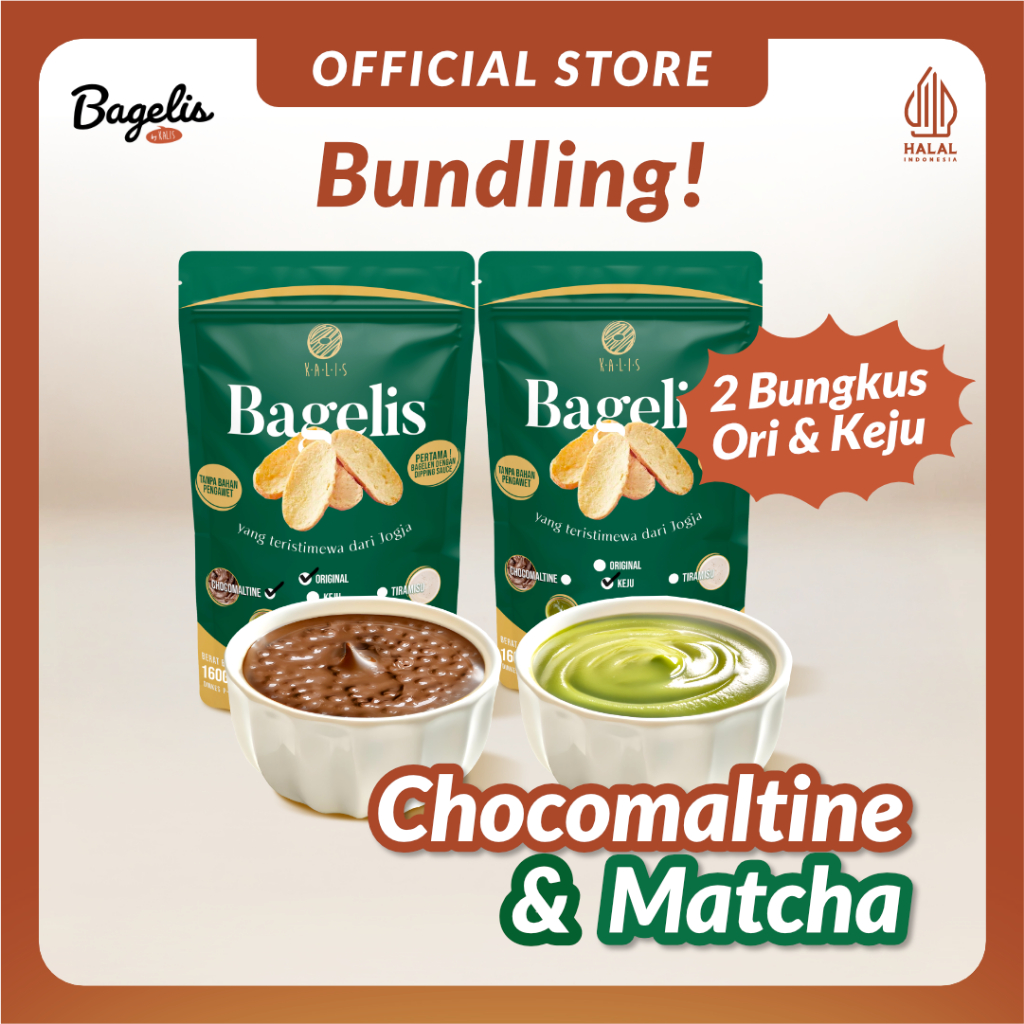 

Bundling 2 Bungkus | Bagelis Original Chocomaltine & Keju Matcha | Roti Kering Bagelen Bagelan