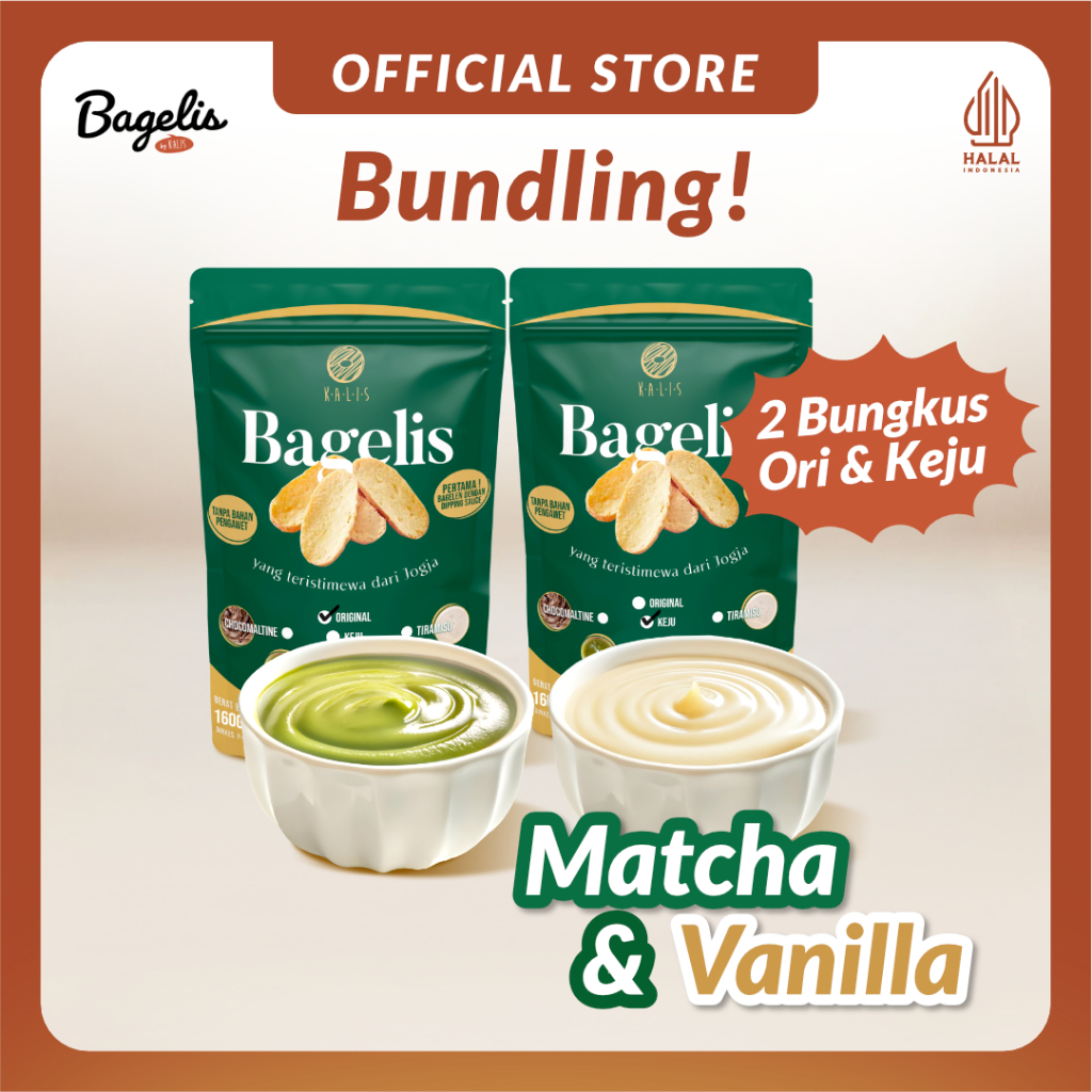 

Bundling 2 Bungkus | Bagelis Original Matcha & Keju Vanilla | Roti Kering Bagelen Kue Kering Bagelan