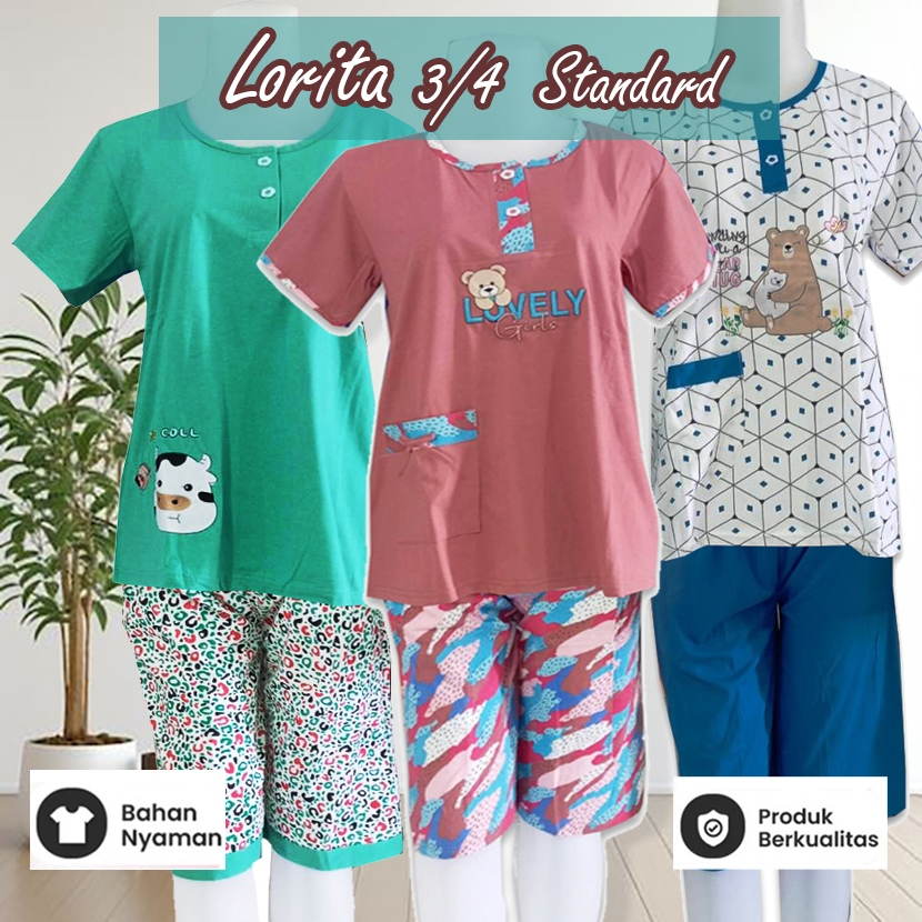 Lorita - Baju Tidur 3/4 Wanita Ukuran Standard Lengan Pendek - Babydoll Bahan Katun Nyaman Dan Halus