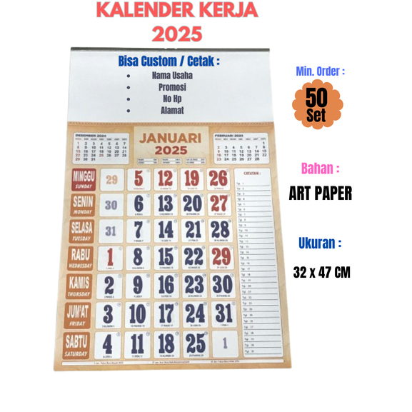 

50 SET KALENDER KERJA CUSTOM ( NAMA USAHA , PROMOSI , NOMOR HP , ALAMAT ) 12 LEMBAR UKURAN 32 X 47 CM ( HANYA 1 WARNA )