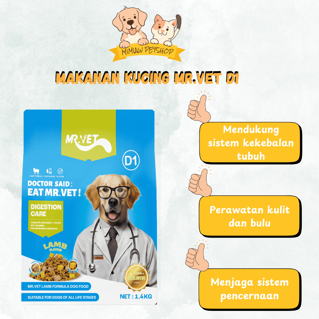 

23bagusmenshop - Mr.Vet D1 Dog Food 1.4kg Makanan Anjing Kering Menjaga Pencernaan Sehat