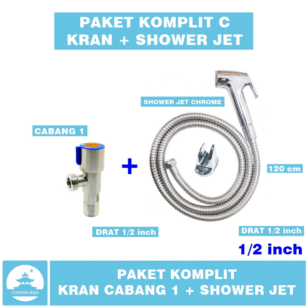 Jet Shower Closet Set Stop Kran Cabang 1 Paket Komplit C Bidet Toilet Duduk Chrome Cebok Stainless