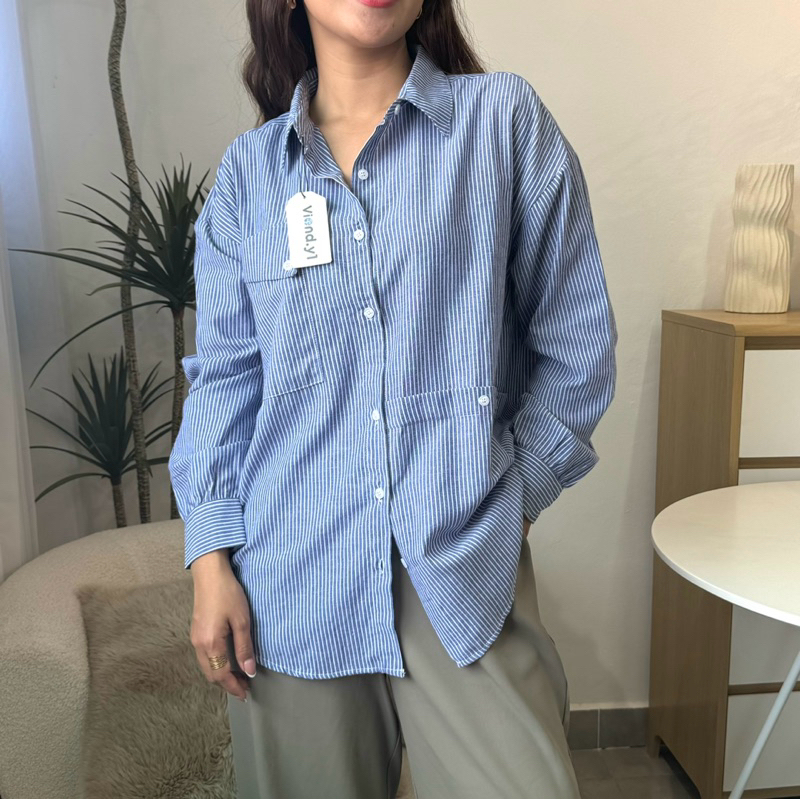Kemeja Salur Terbaru Model Oversize | Blouse Wanita Garis - Garis E.206
