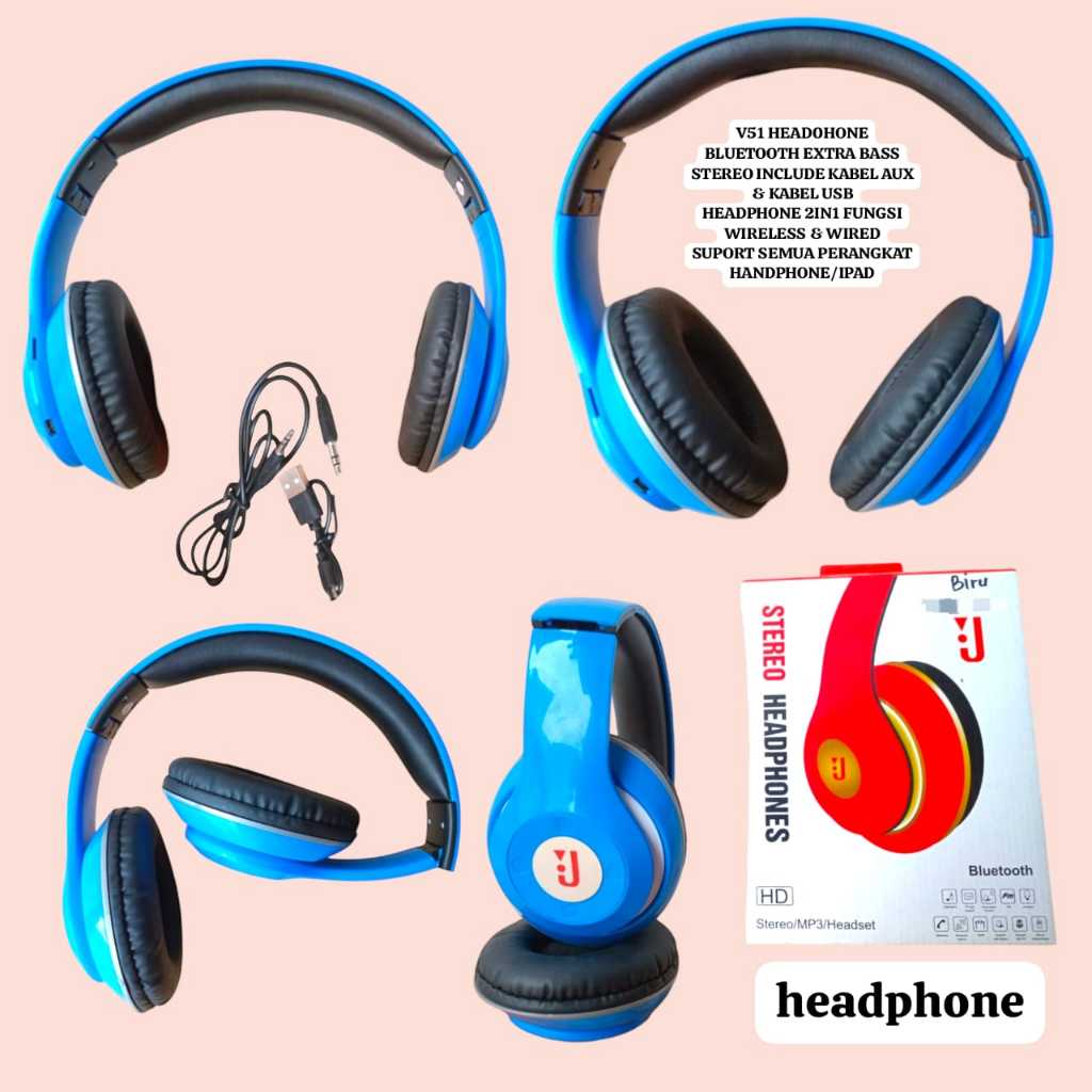 V51 OEM HEADPHONE  BLUETOOTH STEREO DENGAN KABEL AUX EXTRA BASS HEADPHONE WIRELES 2IN1 FUNGSI WITH M