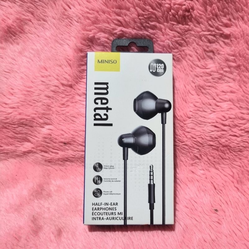 SPECIAL SALE MINISO METAL HALF IN EAR EARPHONES / HEADSET HITAM TANPA KARET