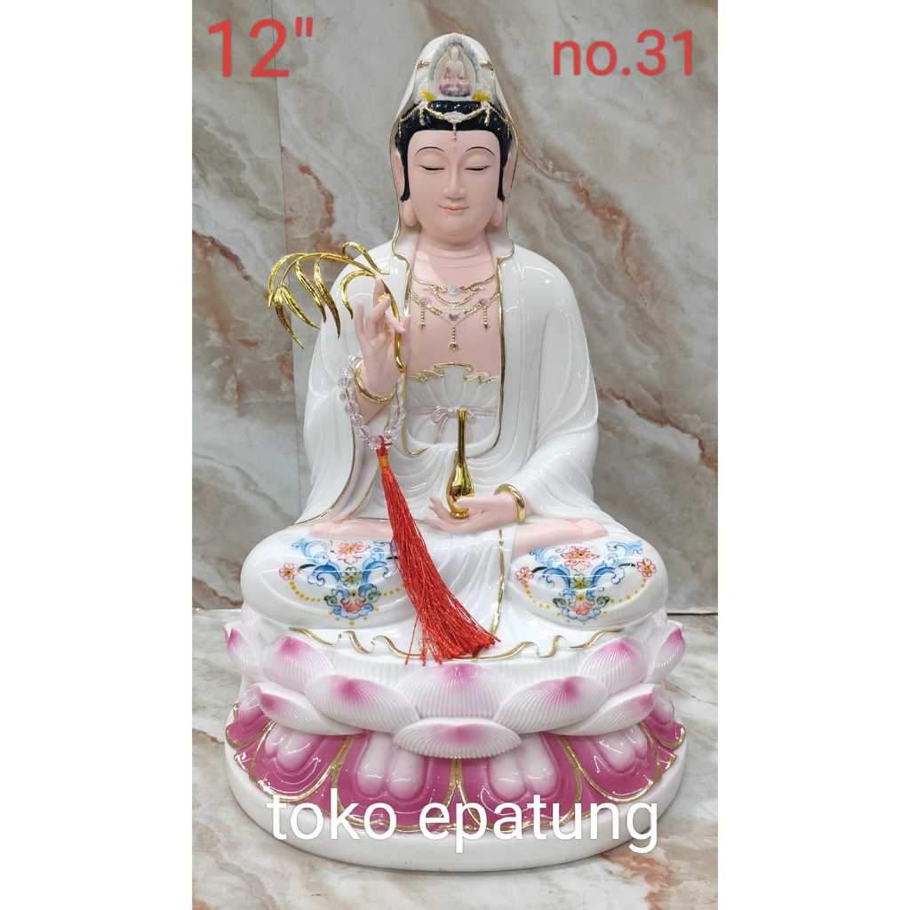 patung dewi kwan im / kwan in / kwan yin / guan yin - mamer - 12 inch - baju putih list emas - 31